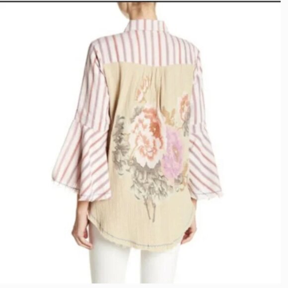 NEW Aratta Silent Journey Striped Embroidered Floral Top Size Medium - Picture 1 of 5